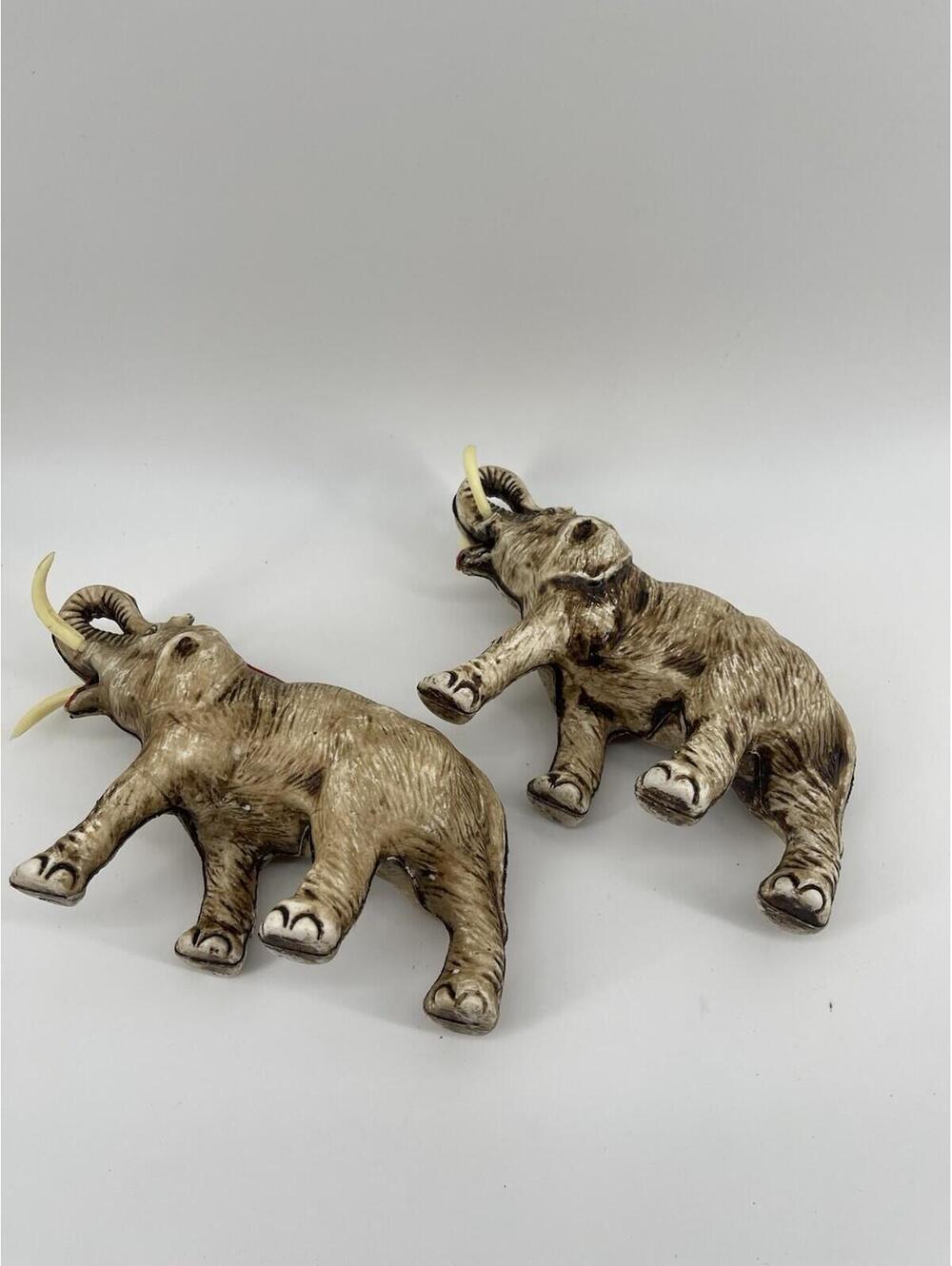 Pair Vintage Plastic Elephant Figurines Ivory Tone Tusks Safari Decor 8” - Picture 3 of 9